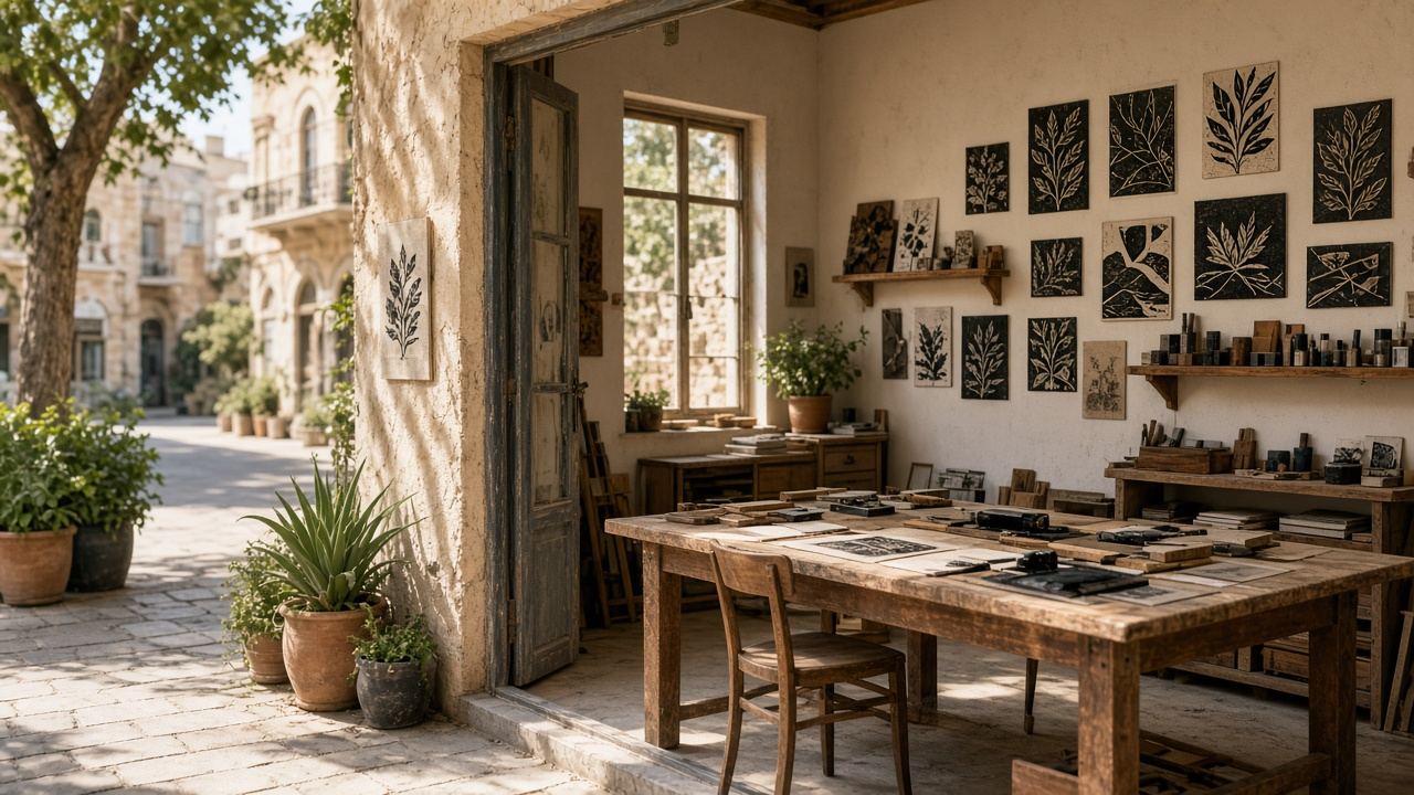Printmaking / linocut studio workspace at Chainrinci Studio